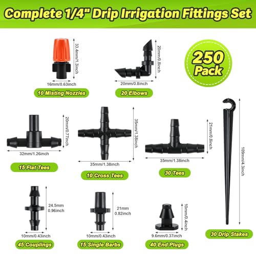 250 Pcs 1/4 Inch Drip Irrigation Fittings Kit, Complete Barbed Connectors Set for 1/4" Tubing - Includes Nozzles, Nozzle Tees, Single Barbs, Couplings, Tees, Elbows, Plugs, Crosses, Stakes - size: 1/4" Kit With Box Storage-250P