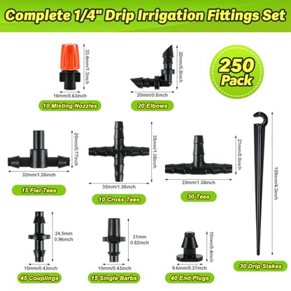 250 Pcs 1/4 Inch Drip Irrigation Fittings Kit, Complete Barbed Connectors Set for 1/4" Tubing - Includes Nozzles, Nozzle Tees, Single Barbs, Couplings, Tees, Elbows, Plugs, Crosses, Stakes - size: 1/4" Kit With Box Storage-250P