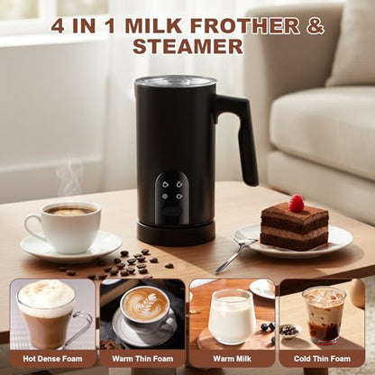 Electric Milk Frother Automatic Hot & Cold Foam Maker Auto Shut-Off Durable Stainless Steel Milk Frother with 4 Functions Enjoy Perfect Milk Froth in 2 Min for Coffee, Latte, Macchiato (Black) - color: Black