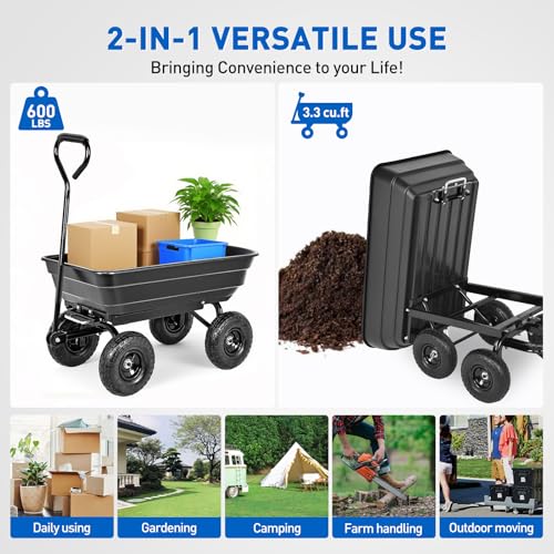 Yesker Garden Carts - 600lbs Dump Wagon with All Terrain Inflatable Wheels for Yard Lawn Farms Gardening - Heavy Duty Utility Outdoor Hauling Wheelbarrow - size: PVC 600Lbs