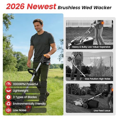 Cordless Weed Wacker 24V, 2 x 4.0Ah Battery Powered Weed Eater with Wheel - color: Black