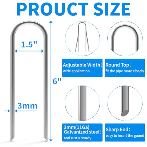 MySit 6 Inch 150 Pack U Shaped Galvanized Drip Irrigation Stakes 11 Gauge - size: 6 Inch