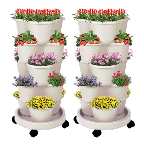 5-Tier Vertical Garden Tower Stackable Planter for Strawberries, Flowers, Vegetables & Herbs 2-Pack Beige - color: Beige, size: 2 Pack