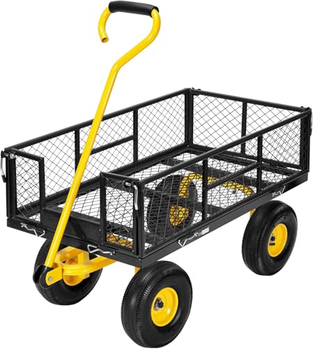 Heavy Duty Steel GCart 900 lbs Capacity, Removable Mesh Sides Convert to Flatbed, Utility Metal Wagon with 180° Rotating Handle 10" Tires Ideal for Garden, Farm, Yard Work