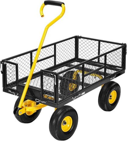 Heavy Duty Steel GCart 900 lbs Capacity, Removable Mesh Sides Convert to Flatbed, Utility Metal Wagon with 180° Rotating Handle 10" Tires Ideal for Garden, Farm, Yard Work