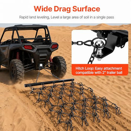 4FT Heavy Duty Steel Drag Harrow, Field Leveling Chain Rake for ATV UTV Compact Tractors, Black Coated Durable Construction