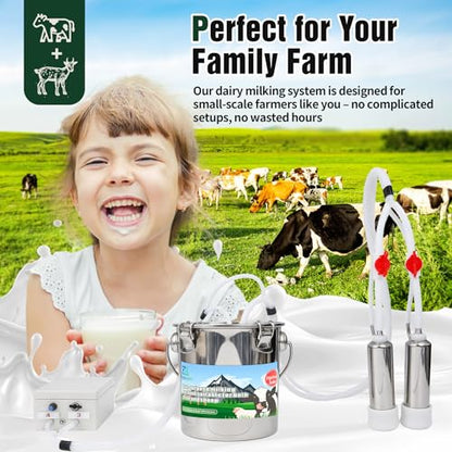 2-in-1 Upgrade 1.3Gal/5L Portable Electric Milker, Milking Machine for Cows and Goats with Food-Grade Stainless Steel Bucket, 4 Teat Cups and Pulsation Vacuum System for Farm, Ranch and Home Dairy Use - size: 5L Two-in-One Milking Machine