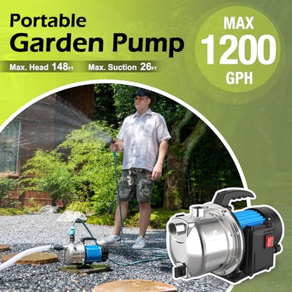 FLUENTPOWER Shallow Well/Deep Garden Pump, 1.5HP 1200GPH Portable Water Booster Jet Pump for Home, Garden, Lawn, Sprinkler Irrigation, Water Transfer, Stainless Steel - size: 1.5HP Shallow/Deep Well