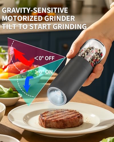 CIRCLE JOY Gravity Electric Salt and Pepper Grinder Set, Battery Powered Automatic Pepper Mills with Adjustable Coarseness, One Hand Operation, 176ml Large Container, Black - Includes 8 Batteries - color: Black Plus, size: Battery