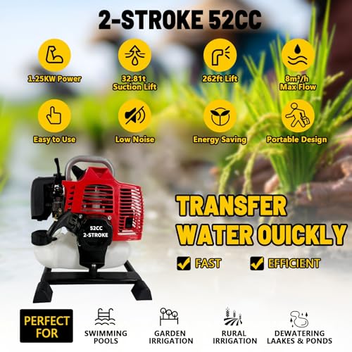 Gas Water Pump 1.5 Inch 2 Stroke,52cc Gas Powered High Pressure Pump 131ft Lift And 19.7ft Suction 1.7kw,Trash Water Pump Irrigation Pump For Farmland Garden