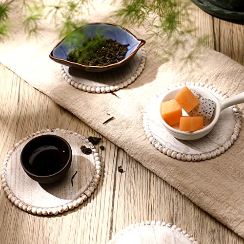 Honeydak 4 Pcs Wooden Coasters Set Round Beaded Coaster 4.7in, Beige - color: Beige