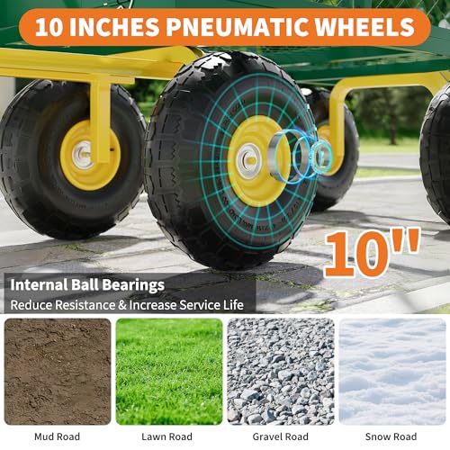 900 Lbs Garden Wagon, 2-in-1 Heavy-Duty Steel Garden Cart, with 10 Inch All-Terrain Tires and Removable Mesh Side Panels, 180° Rotating Handle, Metal Utility Yard Trailer, Outdoor Gardens Wagon Cart - color: Green + Yellow, size: 900 Lb