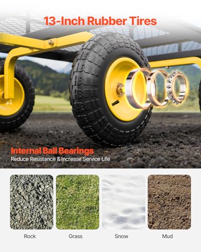 VEVOR 1200 Lbs Steel Garden Cart, Heavy Duty Pullable Garden Wagon Yard Cart, 2 in 1 Outdoor Metal Utility Wagon Yard Trailer with 13" All Terrain Tires, Mesh Removable Sides and 180°Rotating Handle - color: Black+yellow