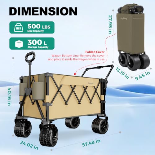 SUNNYFEEL 550LBS Collapsible Wagon Cart - Heavy Duty Push Pull Foldable Wagon with Dual Handles and Big Wheel,Utility Cart with Rear Tailgate for Camping, Fishing, Gardening, Shopping, Grey - color: Brown