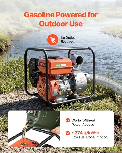 VEVOR Gas Powered Water Pump, 4 in, 422 GPM 8.3HP Semi Trash Water Transfer Pump Portable, Gasoline Engine with 25 ft Discharge Hose, Heavy Duty Frame, Cast Iron Impeller, for Irrigation, Ponds, Pools - size: 4in 8.3 HP 422GPM