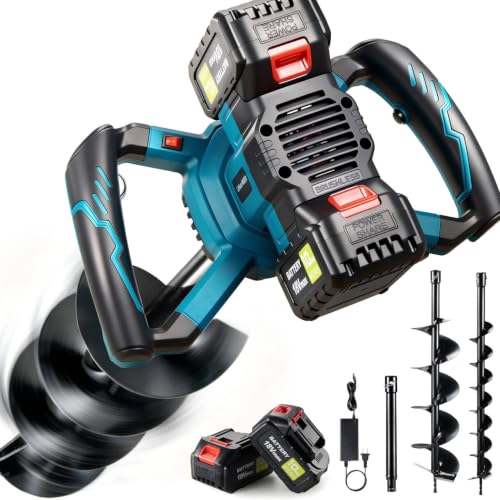 42V Electric Cordless Post Hole Digger Kit with 3.2" & 6" Auger Bits, 2 Batteries & Charger. 120-680 RPM 6-Speed Earth Auger for Fence Posts, Landscaping, Deck Footings. Forward/Reverse & Safety Lock