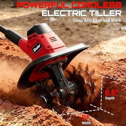 21V Cordless Tiller Cultivator, Lightweight 360RPM Electric Garden Tiller with 2 * 2.0Ah Batteries, 9" Width, 6.6" Depth, 48 Steel Tines Mini Rototiller for Weeding, Gardening & Soil Cultivation Red