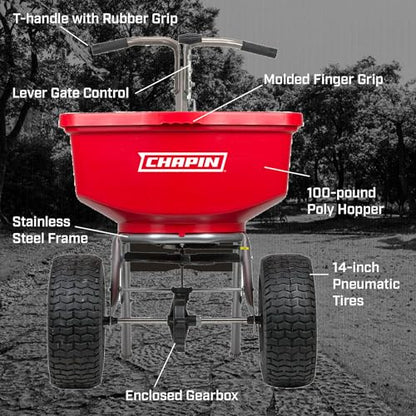 CHAPIN 8400C 100-Pound Capacity Made in USA Professional SureSpread Turf Spreader with Stainless Steel Frame and Linkage, Enclosed Gearbox, 14-inch Tires, Rotary Gate - Fertilizers/Weed Control, Red