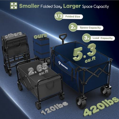 HIKEMOON 150L Collapsible Wagon Compact with Big Wheels, 420LBS Blue - color: Navy Blue