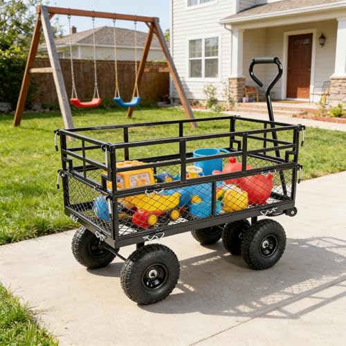 Gecheer Black Double Fence Utility Wagon Cart for Garden, Farm, Yard – Heavy-Duty 600 lb Capacity with Inflatable Tires & Spacious Bed