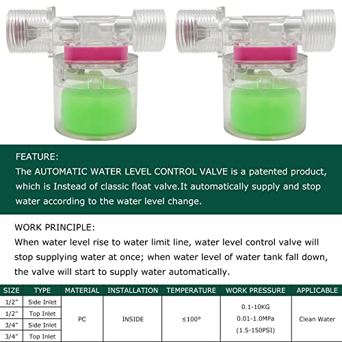Transparency Water Float Valve, Water Level Control Water Tank Traditional Float Valve Upgrade (1/2“ SIDE) - size: 1/2“ SIDE