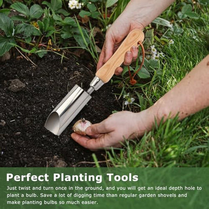Bulb Planter Tool, 11 Inch Stainless Steel Bulb Planter with Wooden Handle