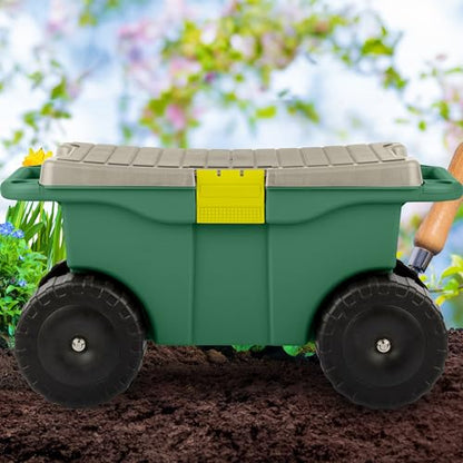 Rolling Garden Cart with Seat - Plastic Storage with Bench and Interior Tool Tray - Gardening Stool for Weeding and Planting By Pure Garden (Green) - color: Dark Green/Black/Grey