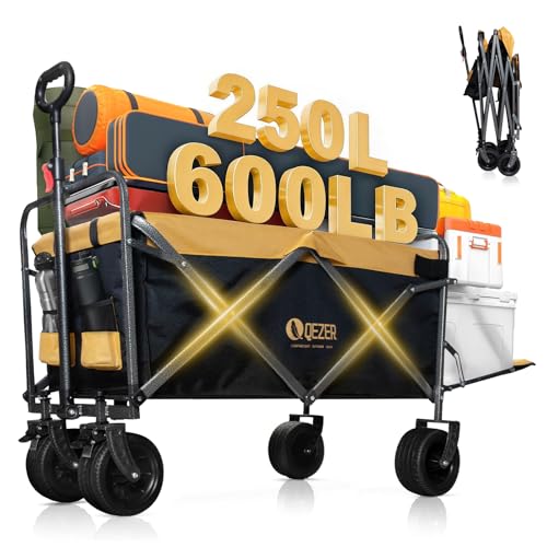 Collapsible Folding Wagon with Tailgate and Brake, Duty Utility Cart - color: Yellow, size: Large with Tailgate