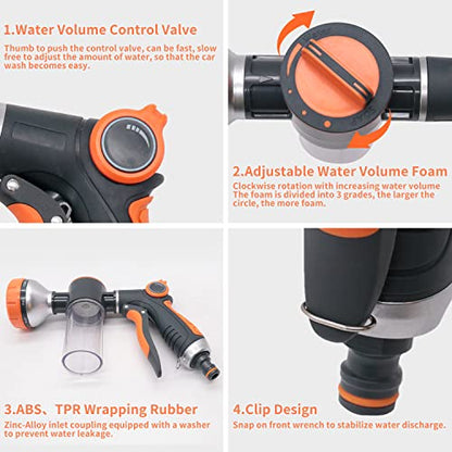 Garden Hose Nozzle,8 Patterns Hose Sprayer High Pressure,Heavy Duty Dog Wash,Metal Water Hose Nozzle with Soap Dispenser,Car Wash Foam Gun With Pets Things - color: Orange