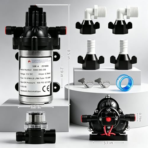 8000-543-238 12V DC Self-Priming Diaphragm Pump,100PSI 1.8GPM High Pressure Water Pump,Auto Pressure Switch,Dry Run Protection,for RV,Marine, Agricultural Spraying & Fluid Transfer