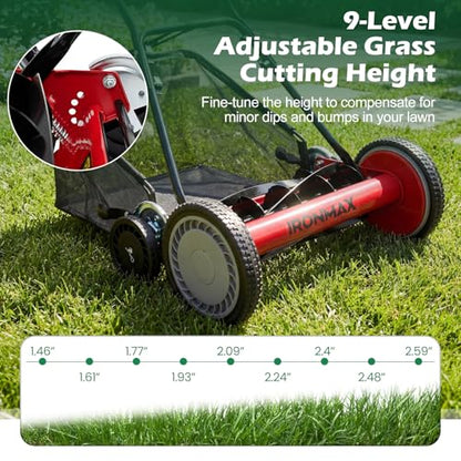 IRONMAX 18 Inch 5-Blade Push Reel Mower, Removable Grass Catcher, Red - color: Red, size: 18 Inch