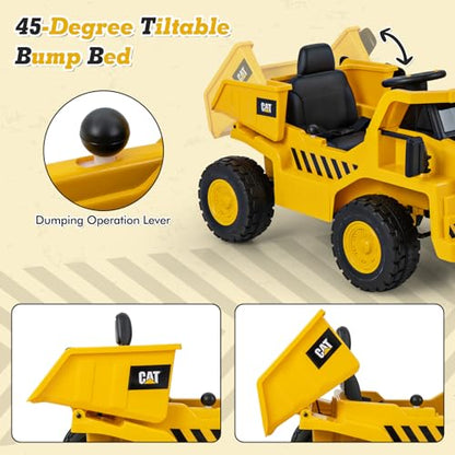 Costzon Ride on Dump Truck, 12V Licensed Caterpillar Kids Electric Vehicle W/Remote Control, Megaphone, Shock Absorbers, Dump Bed, MP3, Ride on Construction Vehicle for Kids, Gift for Boys Girls 3-6
