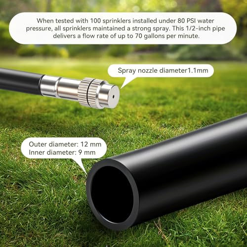 100-FT1/2-inch Tubing High-Flow Adjustable Irrigation System for the Garden | with 60 Nozzles, Dual-Side Watering Kit For Garden, Yard,Lawn,Raised Beds, Greenhouses & Efficient Plant360° Irrigation - size: 100Ft