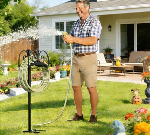Upgraded Garden Hose Holder Stand with 4 Spikes - Heavy Duty Metal Water Hose Reel, Hose Organizer, Holds 150ft Hose for Outside Yard Lawn, Black