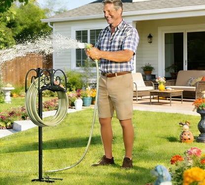Upgraded Garden Hose Holder Stand with 4 Spikes - Heavy Duty Metal Water Hose Reel, Hose Organizer, Holds 150ft Hose for Outside Yard Lawn, Black