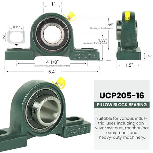 AR-PRO 2-Pack UCP205-16 Mounted Pillow Block Ball Bearing - Bearing Steel Bearings 1" Bore with Solid Cast Iron Base - Self Alignment - size: UCP205-16