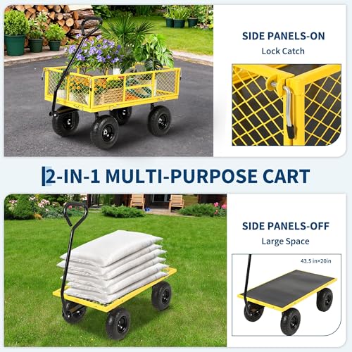 900 Lb Capacity Heavy Duty Steel Garden Cart – 2-in-1 Utility Wagon with Removable Mesh Sides, 10" All-Terrain Tires, Flatbed Conversion, 180° Rotating Handle – Perfect for Lawn, Garden & Backyard - color: Yellow