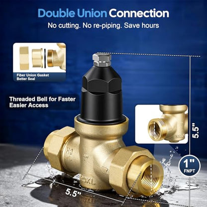 1-NR3XLDU 1" Pressure Reducing Valve with Double Union FNPT Connection Replace Zurn Wilkins Water Pressure Regulator for Home, Adjustable 15–75 PSI for Residential Main Water Lines