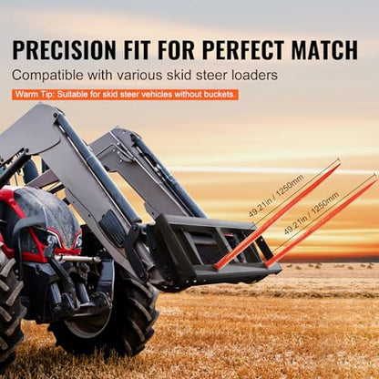 VEVOR 49" Hay Spear, Bale Spears 3000lbs Loading Capacity, Skid Steer Loader Tractor Attachment 2pcs Spears, Quick Attach Spike Forks - style: 49" Horizontal Assembly