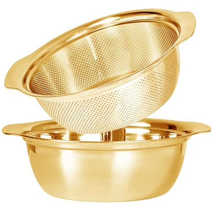 Paoli 304 Stainless Steel Fine Mesh Colander Set, 5QT Large Capacity Strainer with Mixing Bowl — Rinse Fruits, Veggies, Rice & Drain Pasta, Dishwasher Safe (2-Piece Gold) - color: Gold with handle, size: 5qt