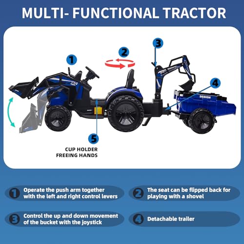 3 in 1 Kids 24V Ride On Tractor, Excavator & Bulldozer, Electric Vehicle w/Trailer, Digger, Shovel Bucket, Remote Control, EVA Tires, LED Lights, Music & USB, Battery Powered Ride On Car Toy, Blue