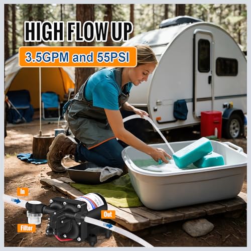 YOUNGTREE 12V RV Water Pump 3.5GPM 55PSI On Demand Fresh Water Pressure Diaphragm Pump 12 Volt Self Priming with Pressure Switch for RV Camper Marine Sprayer Outdoor Shower Kitchen Garden - color: Black2
