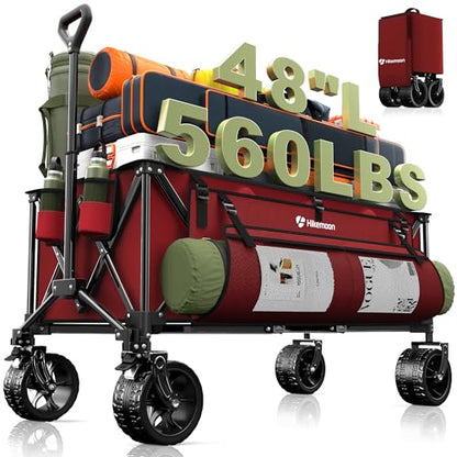 HIKEMOON 48'' Extra Large Collapsible Wagon with Big Wheels, 300L Red - color: Burgundy