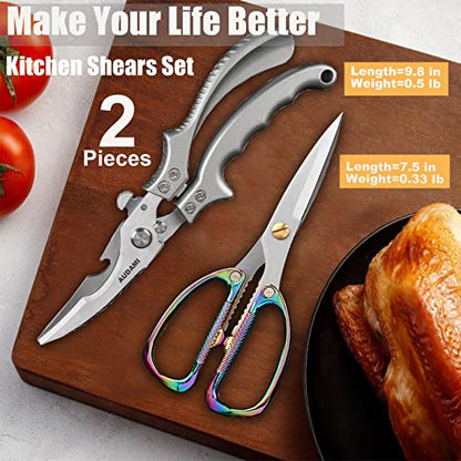 2-Piece Kitchen Shears Set, Heavy Duty Professional Poultry Meat Scissors,Multi-Purpose Stainless Steel, Dishwasher Safe - color: Silver+rainbow