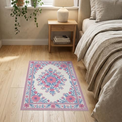 2'x3' Pink Toile Motif Way Flower Chinoiserie Washable Accent Rug - color: Pink/Pattern 17, size: 2' x 3' (Rectangular)