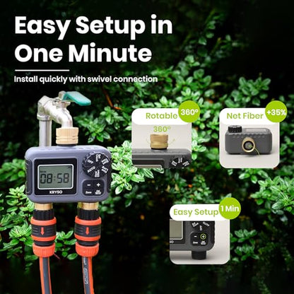 Kryso 2-Zone Sprinkler Timer with Brass Inlet & Outlet – Programmable Garden Hose Water Timer with Rain Delay, Manual & Automatic Irrigation Controller for Yard, Lawn & Outdoor Watering