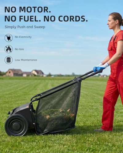 Push Lawn Sweeper, 33.4 in Yard Sweeper with 8 cu ft Bag - color: Black, size: 33.4 in
