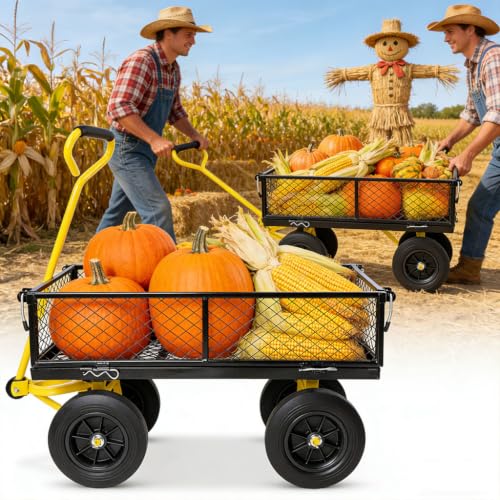 Heavy Duty Garden Cart, Metal Dump Cart with Solid Tires, Spacious Utility Wagon for Gardening, Farm, Yard & Home, Lawn Tool and Debris Transport Cart,Black - color: Black