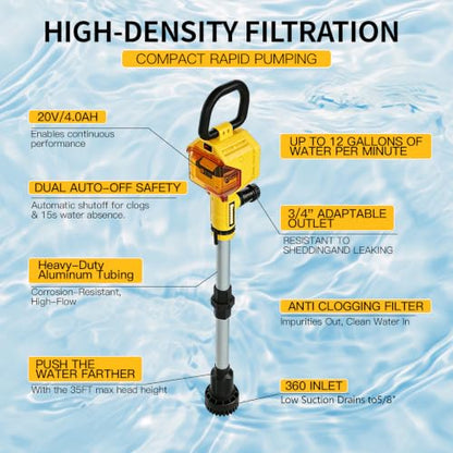 Cordless Stick Water Transfer Pump, 21V 2×4.0Ah Battery & Fast Charger, 770GPH 35FT Head, 16.4FT Hose with Storage Pouch 3/4" Outlet, Brushless Portable Pump for Pool RV Boat Hot Tub Farm Drainage