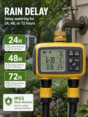 Hose Timer 2 Outlet, 2 Zone Programmable Sprinkler Timer with Rain Delay & Manual Mode, Heavy Duty Digital Timer for Garden Hose, Auto Irrigation Controller for Lawn, Yard & Drip Irrigation Outdoor